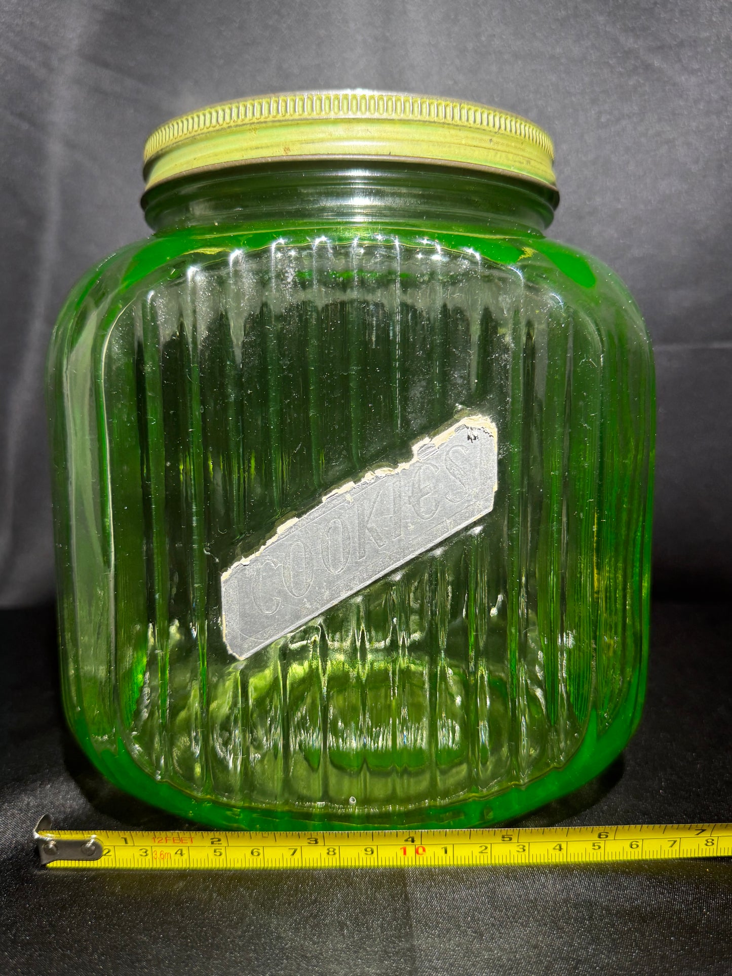 Vintage 1930s Uranium Glass Hoosier Cookie Jar Canister Green Ribbed UV Reactive w/Lid