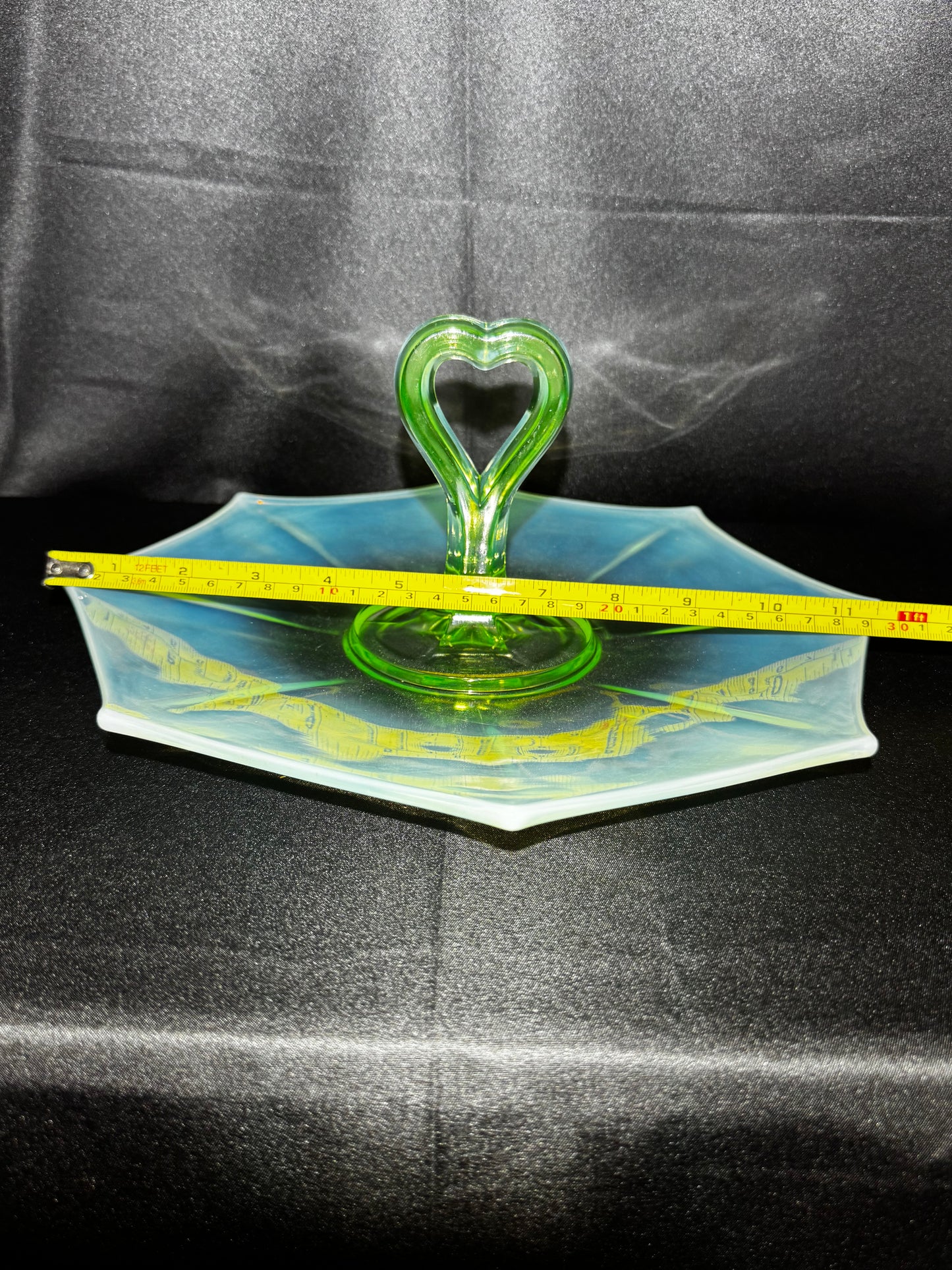 Vintage Uranium Glass Tidbit 12” Tray Heart Handle Bon Bon Dish UV Glow
