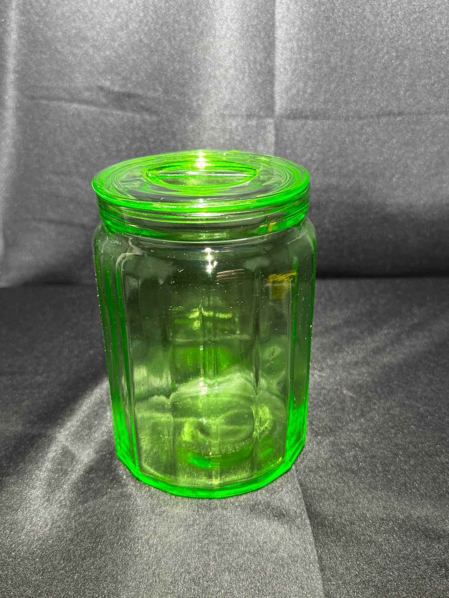 Vintage Hazel Atlas Uranium Glass Canister Green Paneled Depression Glass UV Glow 6-K-345