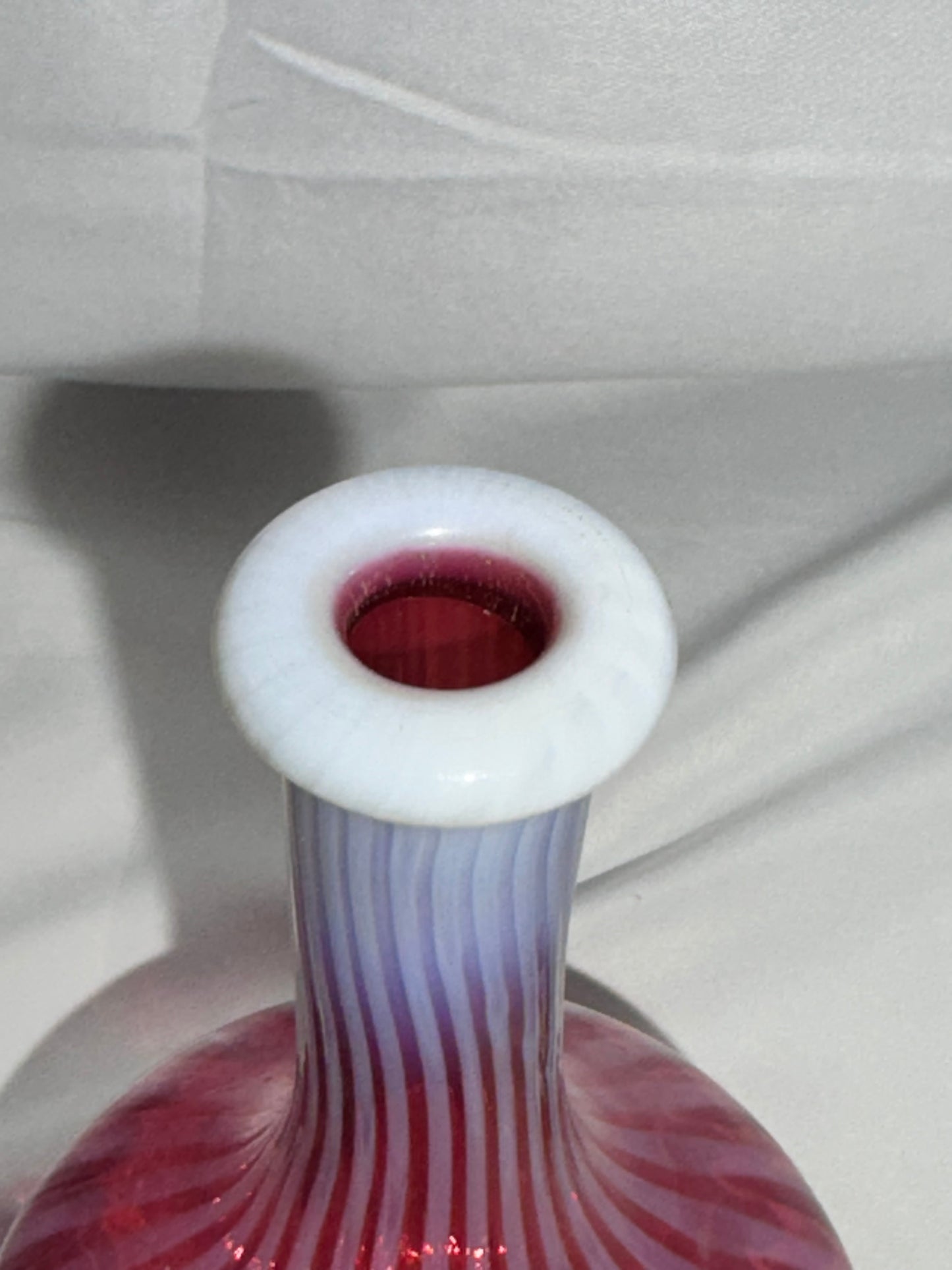 Antique Cranberry Opalescent Striped Barber Bottle w/ Stopper
