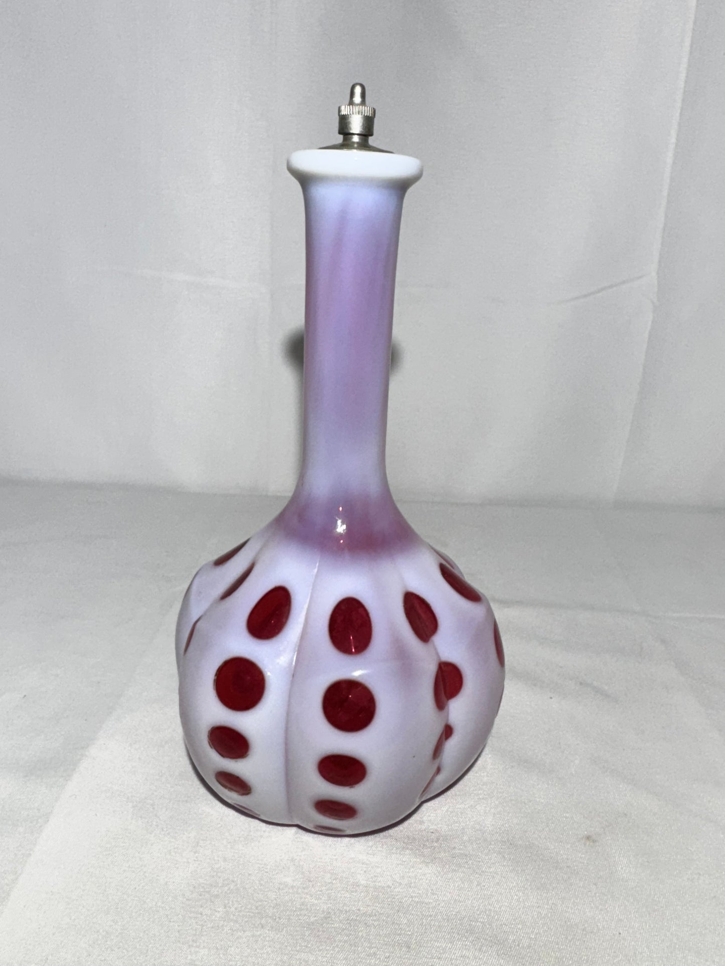Vintage Cranberry & White Coin Dot Barber Bottle w/ Original Topper