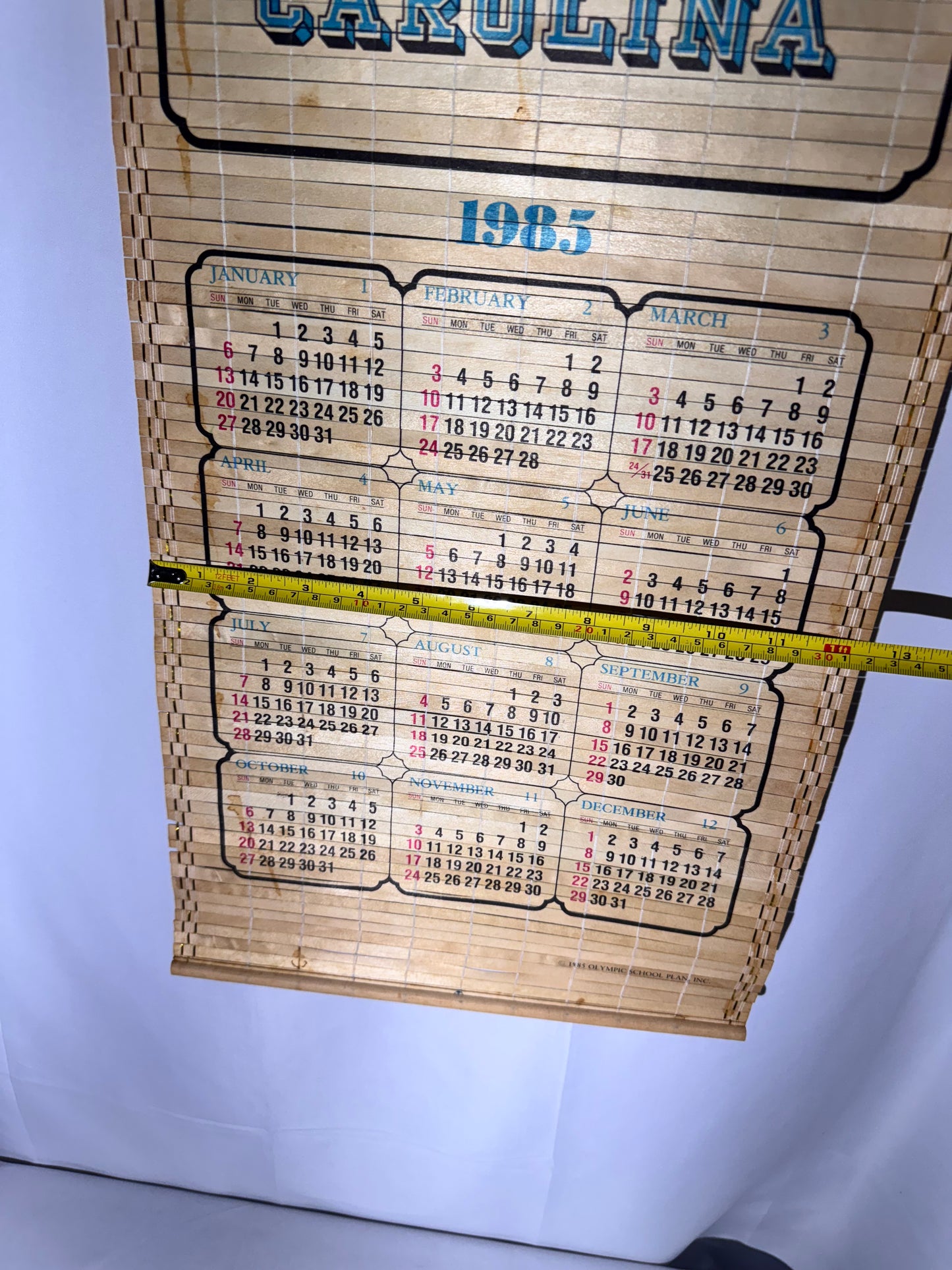 Vintage 1985 UNC University of North Carolina Tar Heels Bamboo Wall Calendar – Reversible