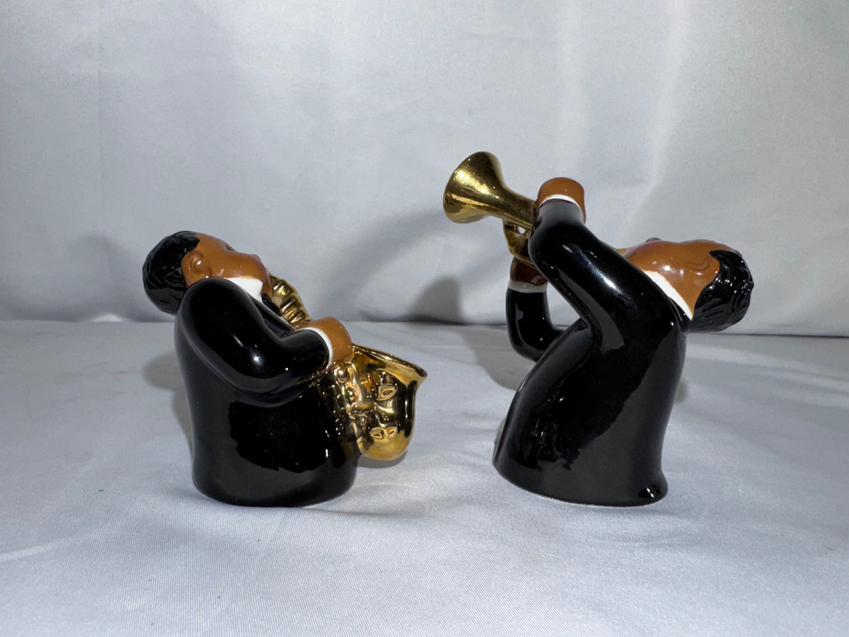 Jazz Musicians Salt and Pepper Shakers – Ceramic Saxophone & Trumpet Players – 1996 Clay Art