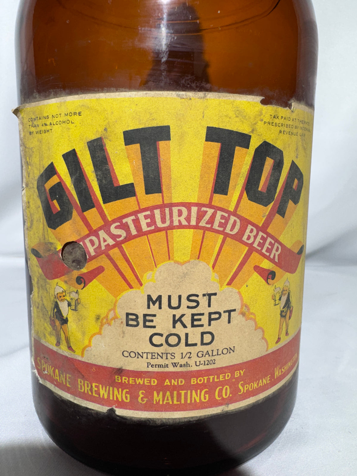 Vintage 1930s Gilt Top Pasteurized Beer 1/2 Gallon Amber Jug – Spokane Brewing & Malting Co. – Spokane WA