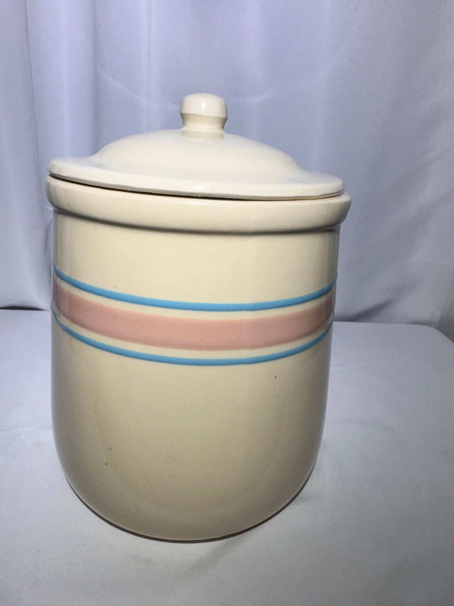 Vintage McCoy Pottery Stonecraft Kitchen Hamper Canister – #133 – Pink & Blue Stripes – USA