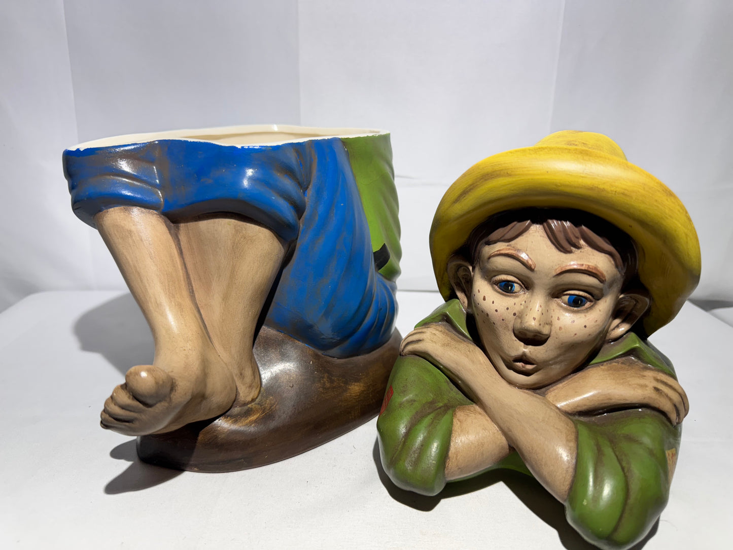 Vintage Arnel’s Chalkware Sitting Boy Whistling Cookie Jar – 1950s -Huckleberry Finn