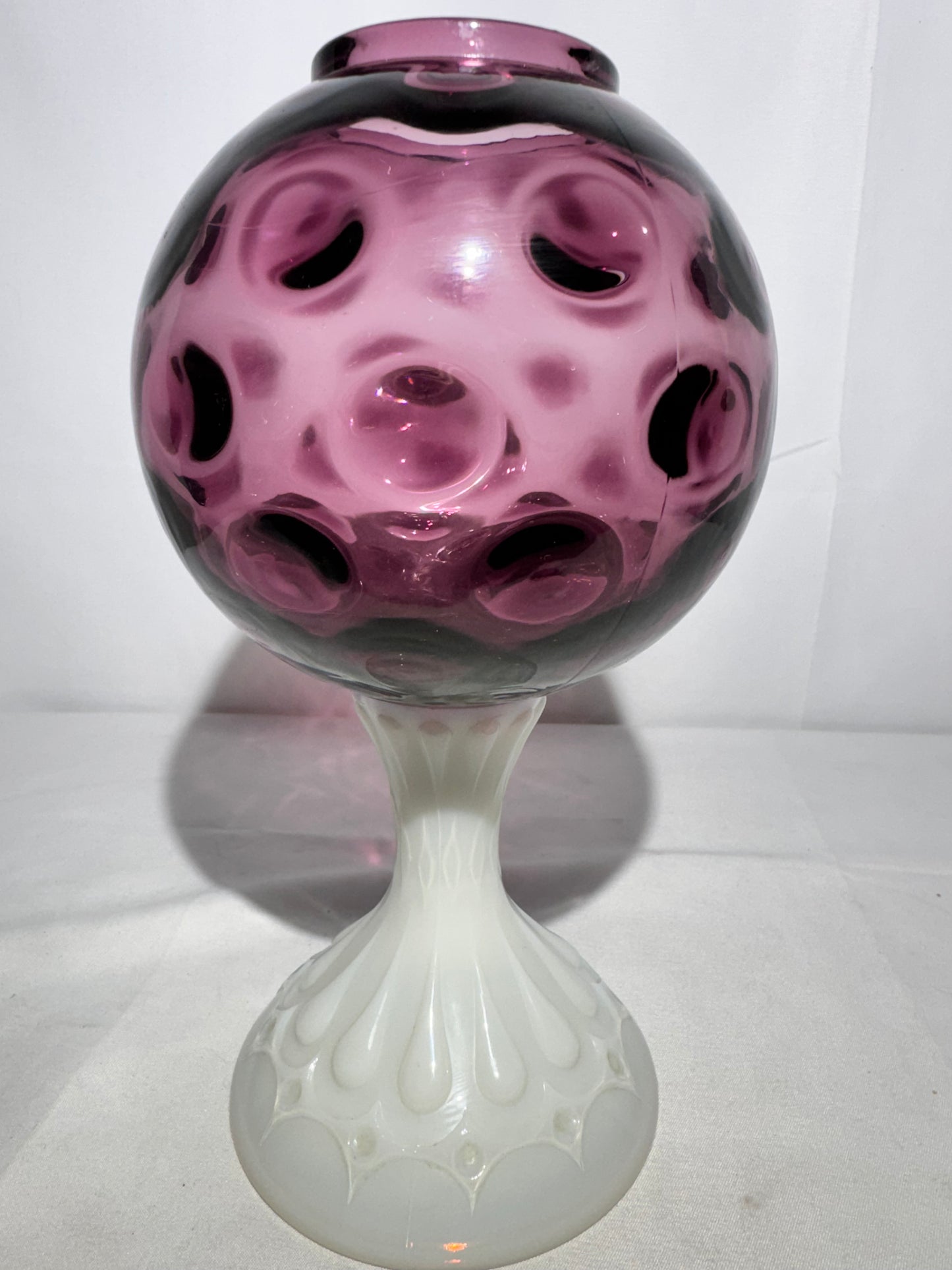 Fenton Coin Pedestal Ivory Ball / Rose Bowl – Amethyst & Milk Glass