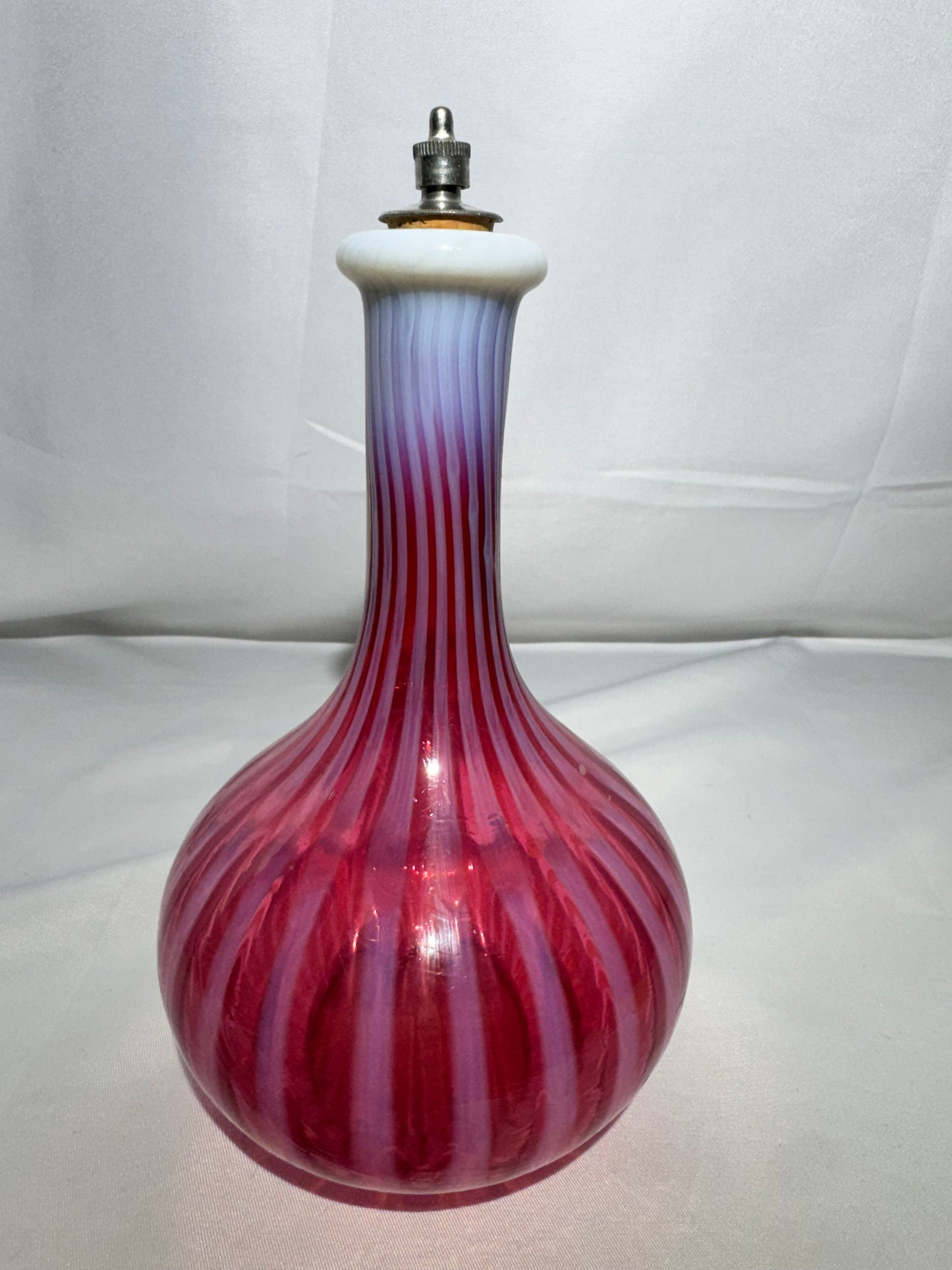 Antique Cranberry Opalescent Striped Barber Bottle w/ Stopper
