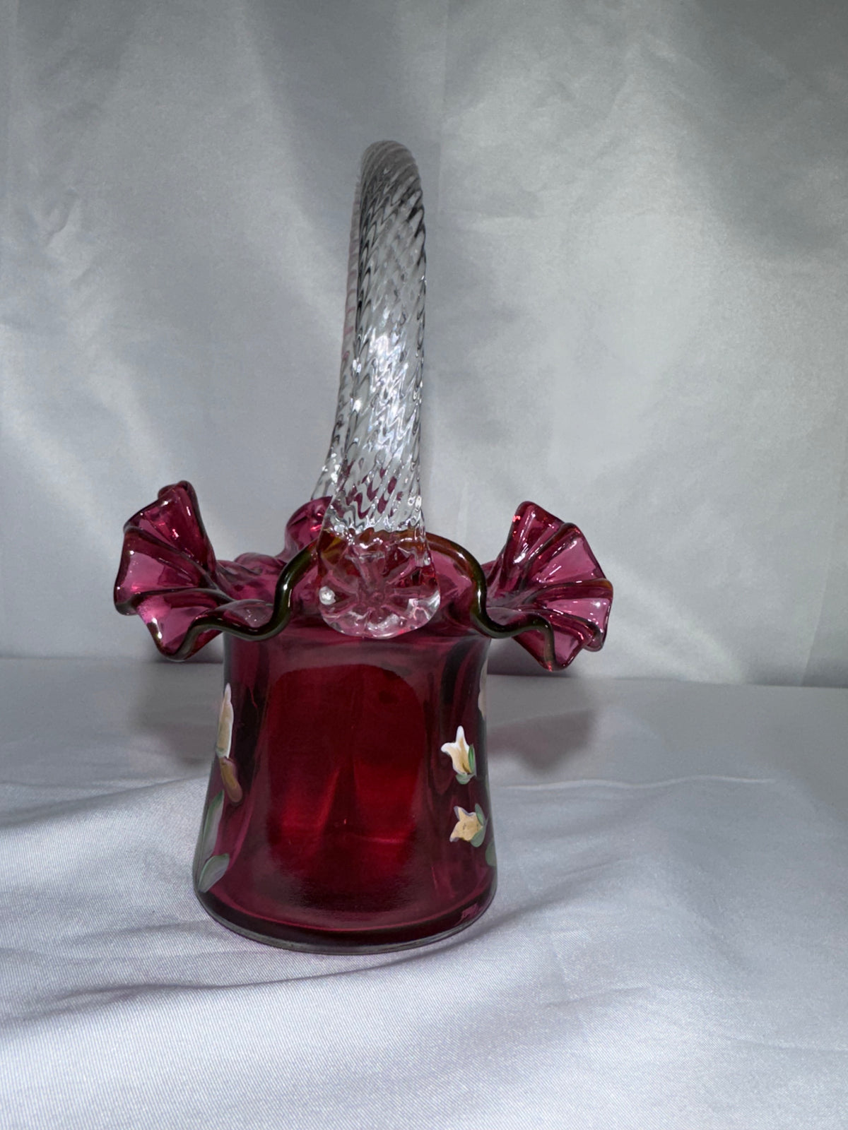 Vintage Fenton Cranberry Art Glass Basket – Hand-Painted Pansies – Ruffled Rim -signed P.Lane