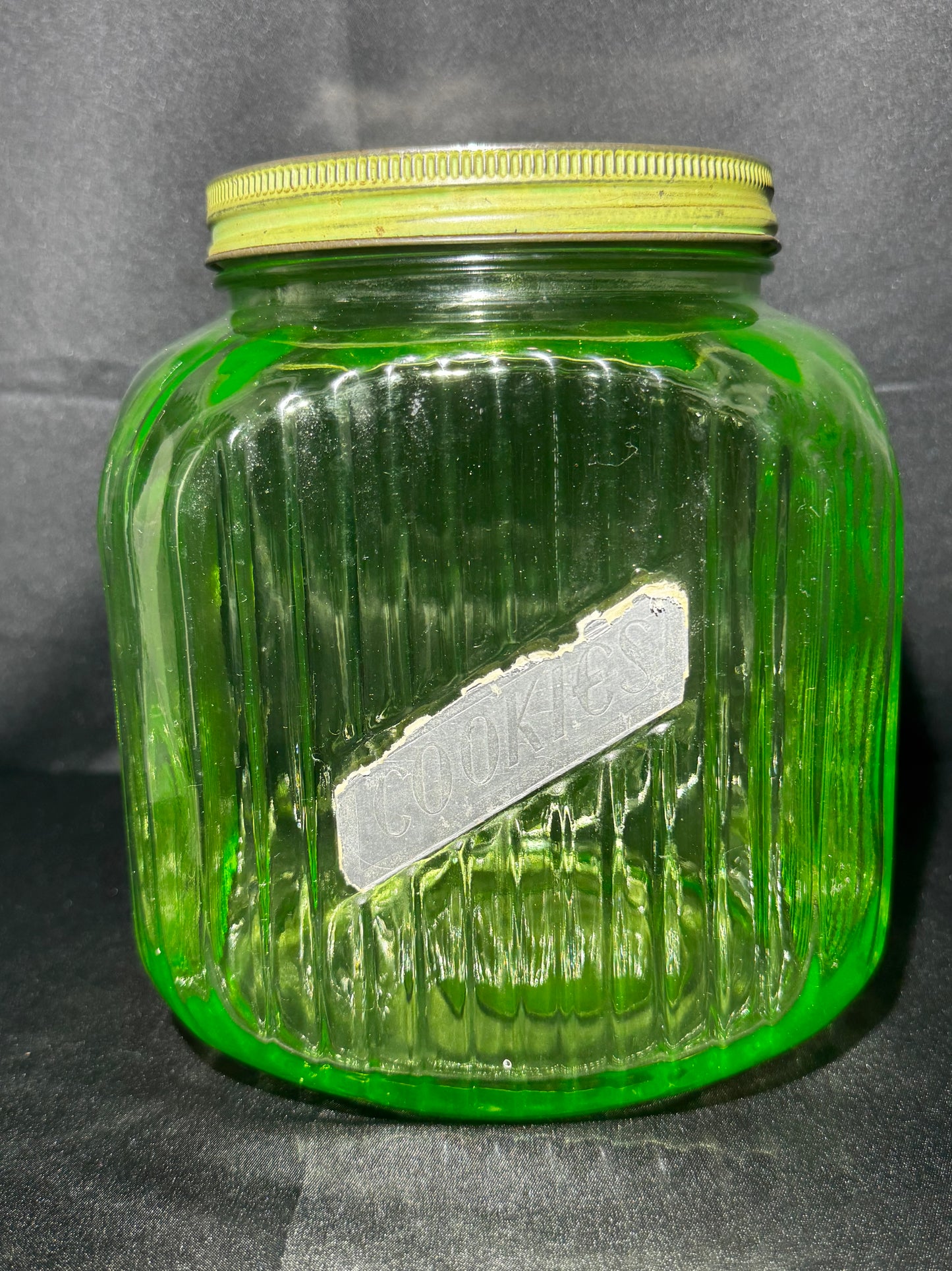 Vintage 1930s Uranium Glass Hoosier Cookie Jar Canister Green Ribbed UV Reactive w/Lid