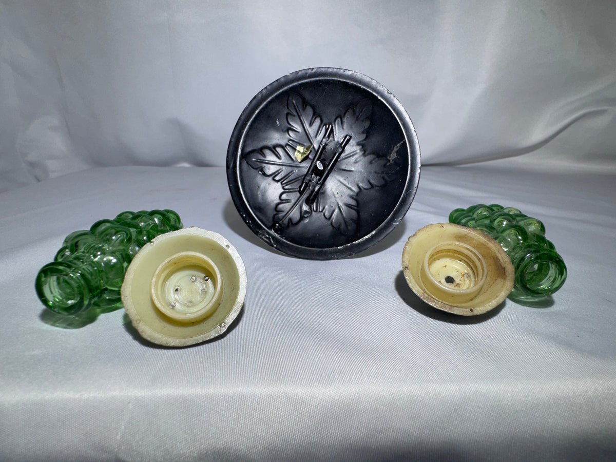 Vintage Green Glass Hanging Grape Salt & Pepper Shakers with Metal Vine Stand – 1950s–1960s