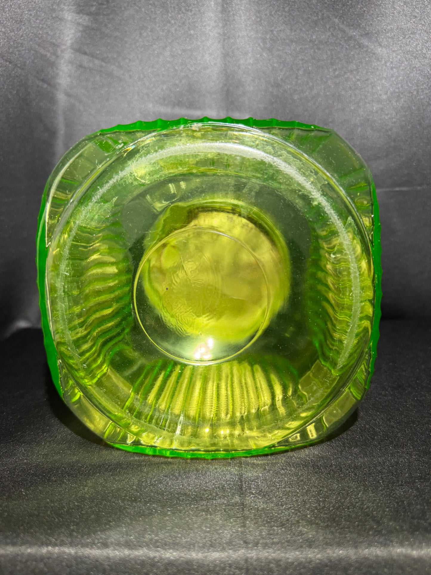 Vintage 1930s Uranium Glass Hoosier Cookie Canister w/ Green Lid & Original Sticker UV Glow