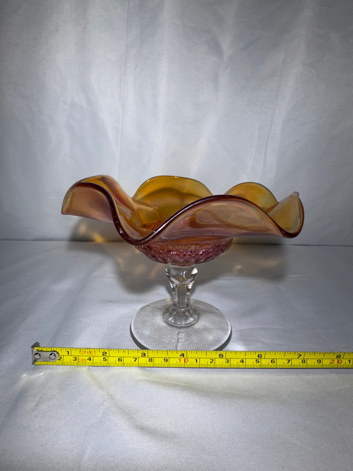 Vintage Marigold Carnival Glass Ruffled Pedestal Compote / Candy Dish 1920’s