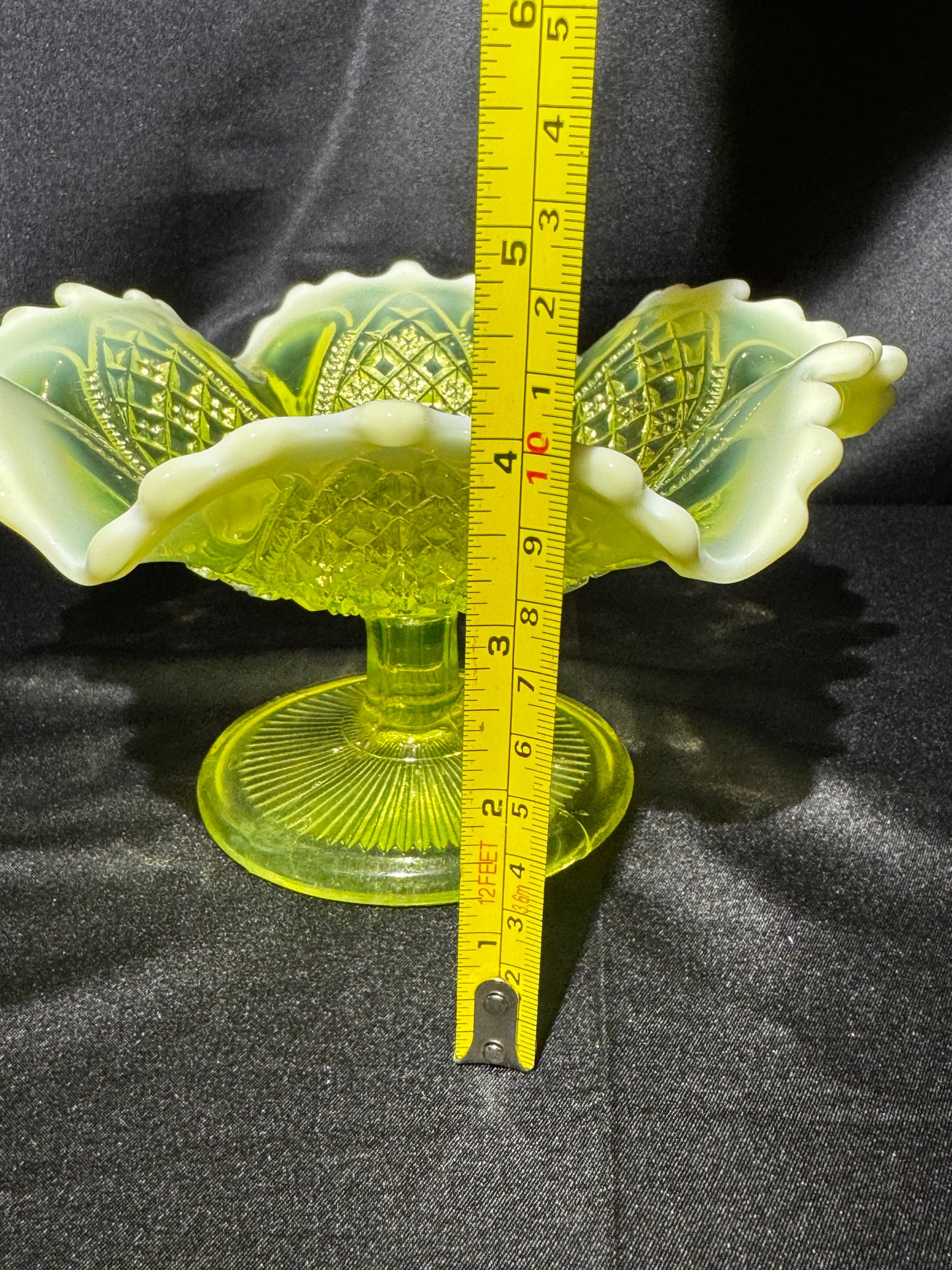 Victorian Davidson Uranium Glass Compote Bowl Queen’s Crown Primrose Pearline Opalescent Rim
