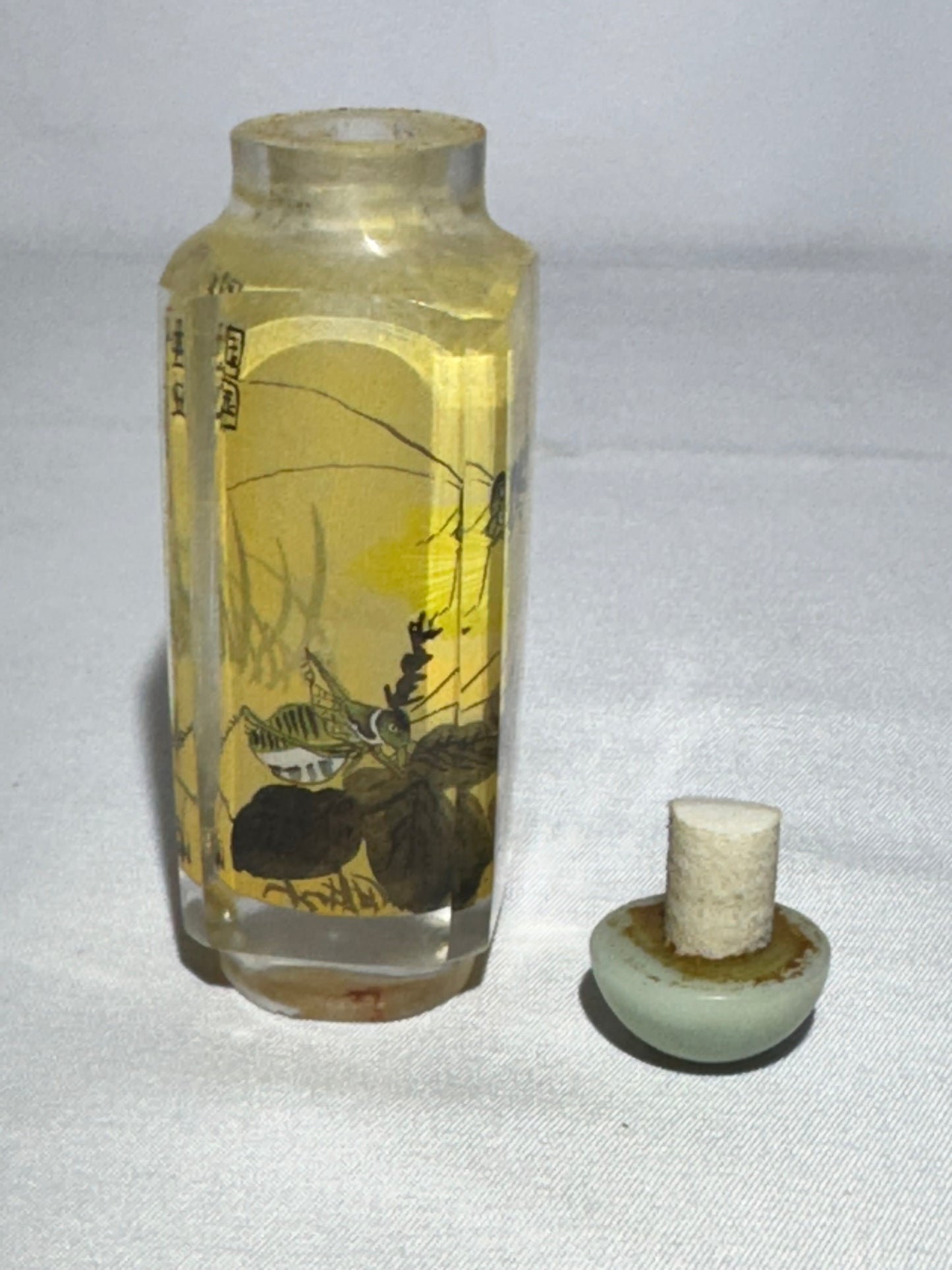 Antique Chinese Inside Hand Painted Glass Snuff Bottle – Crickets, Calligraphy & Artist Signature – Stone Topper