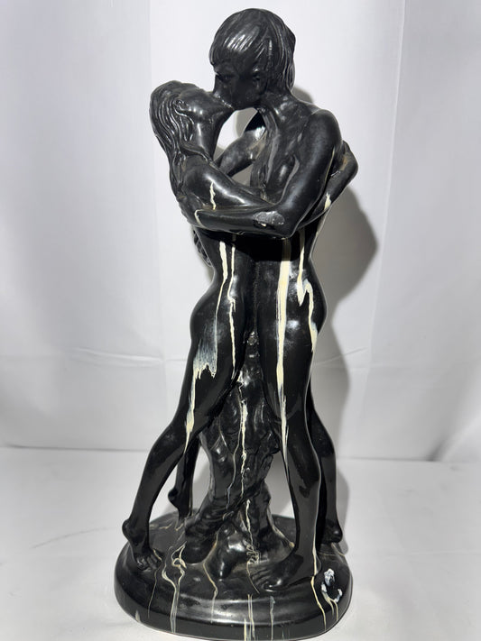 Art Deco Ceramic Sculpture “Lovers Embrace” / “The Kiss” – Black & White – 15.5” Tall