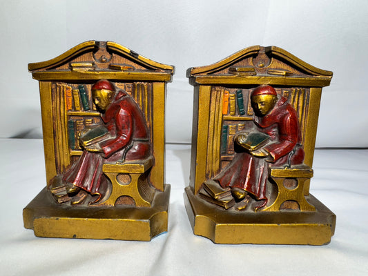 Vintage 1920s Monk Library Metal Bookends – L.V. Aronson / Ronson Style – Armor Bronze Era