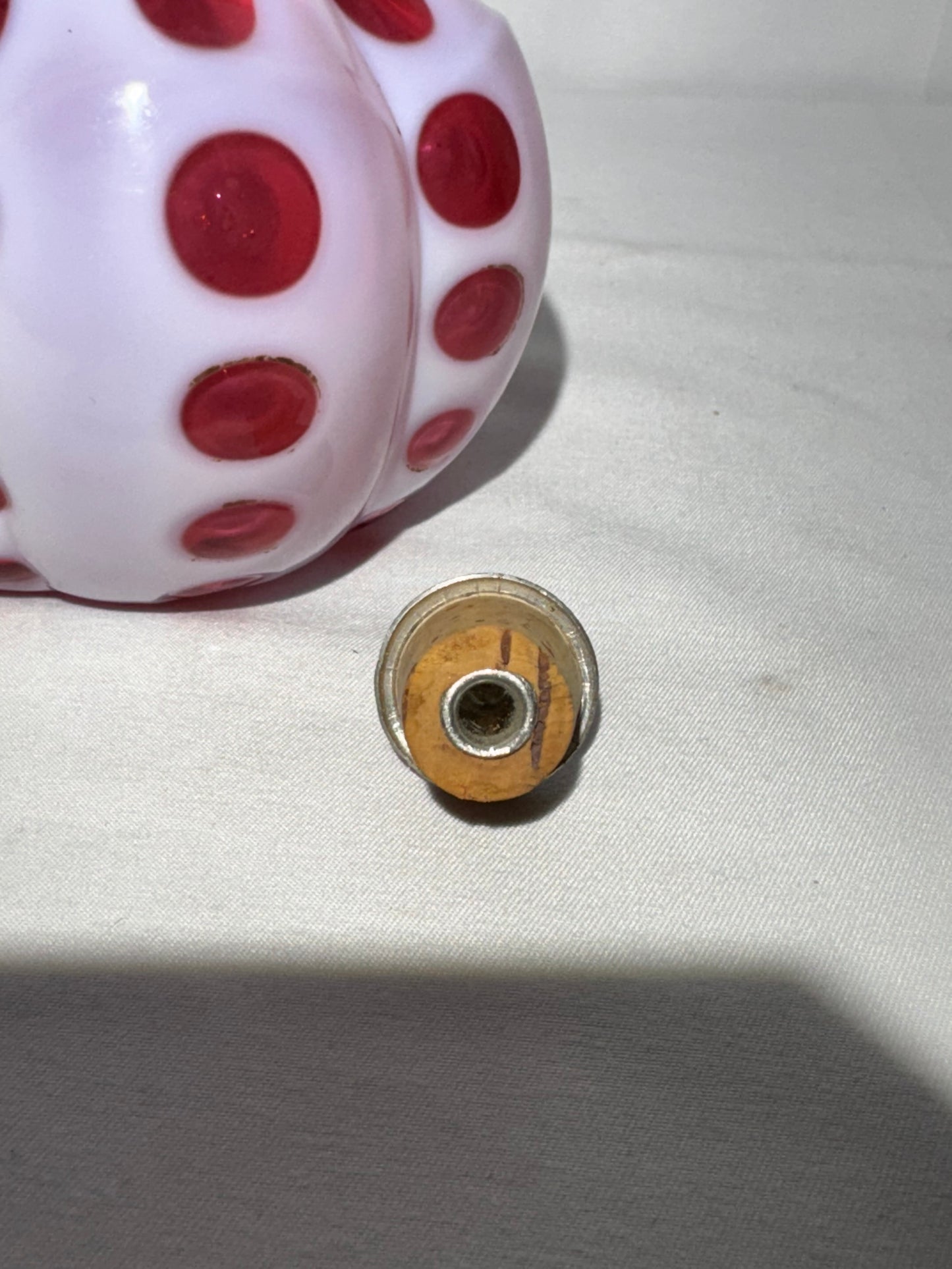 Vintage Cranberry & White Coin Dot Barber Bottle w/ Original Topper