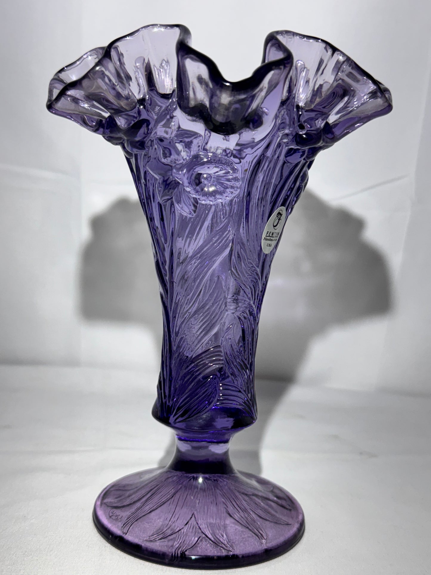 Fenton Amethyst Daffodil Ruffled Vase – Handcrafted in the USA – Original Fenton Sticker – 7.5” Tall