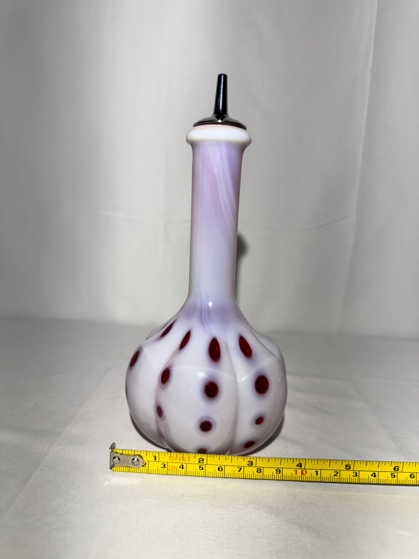 Vintage Barber Bottle – White & Cranberry Coin Pattern with Original Topper