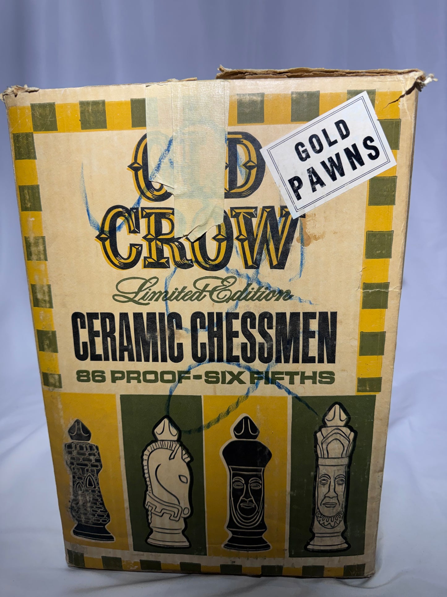 1969 Old Crow 10-Year-Old Bourbon Chessmen Ceramic Decanters – Set of 6 Gold Pawns