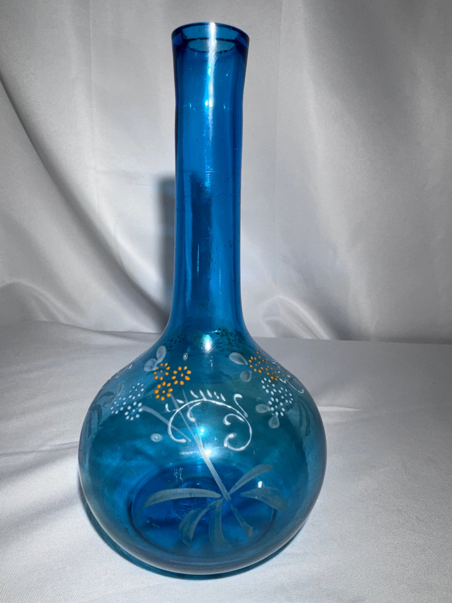 Antique Victorian Hand-Blown Blue Glass Barber Bottle – Hand-Painted Floral Enamel