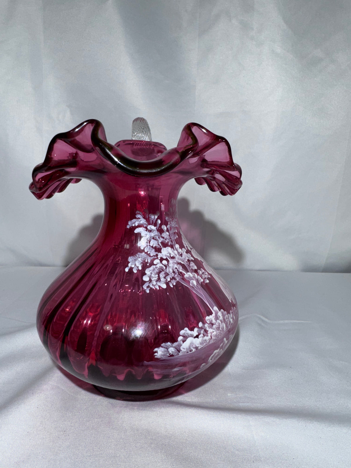 Fenton Cranberry Glass Mary Gregory Style Hand-Painted Pitcher – S. Hart – #1570/2250