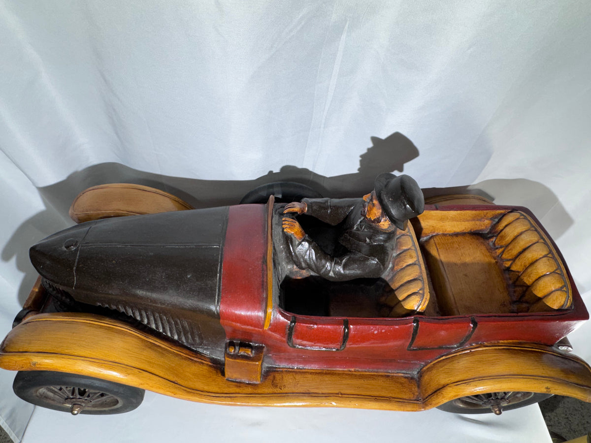 Antique Style 1913 Touring Car Wooden Sculpture Hand Painted Driver Top Hat 26.5” Read