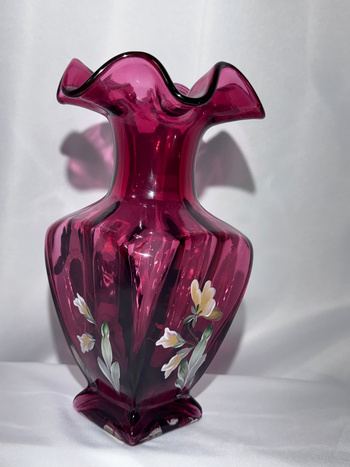 Fenton 1999 Hand Painted Cranberry Cased Glass Square Vase Pansies Signed 7.5”