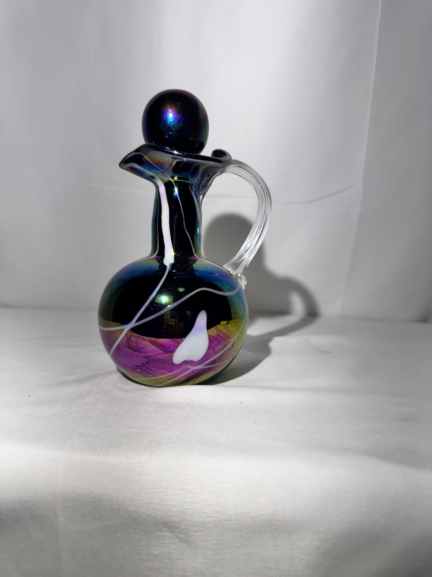 Fenton “Hanging Hearts” Iridescent Glass Cruet with Clear Handle & Iridescent Stopper