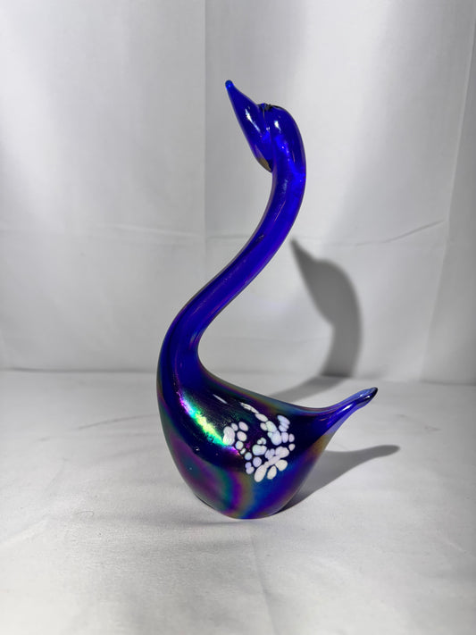 Blue Iridescent Carnival Glass Swan – Hand Painted Accent Wings – 7½”