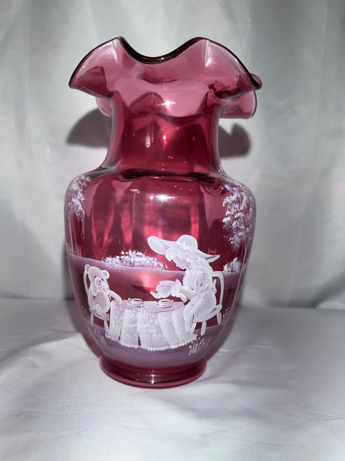 Fenton Cranberry Glass Mary Gregory-Style Hand-Painted Tea Party Ruffled Rim 10” Vase – Limited Edition #1783/2350