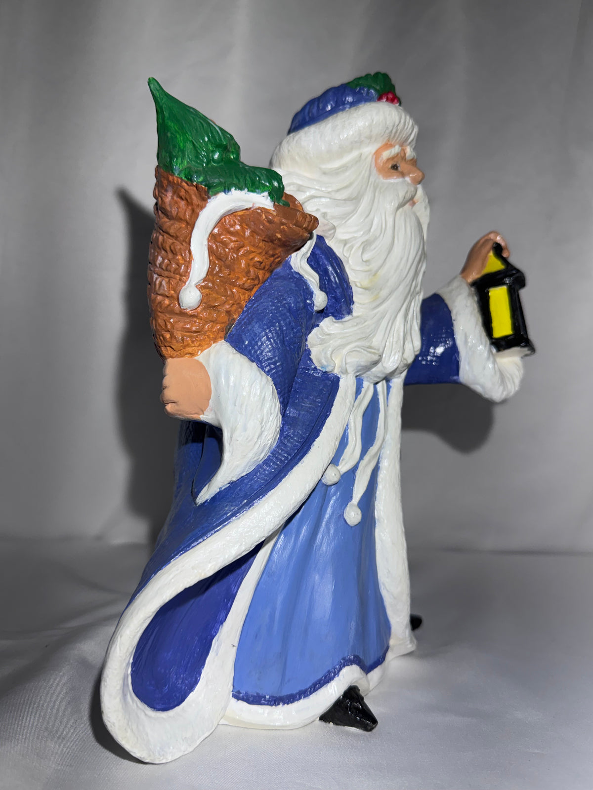 Old World Santa Claus Figurine 10.5” Hand Painted Ceramic Blue White Robe Lantern