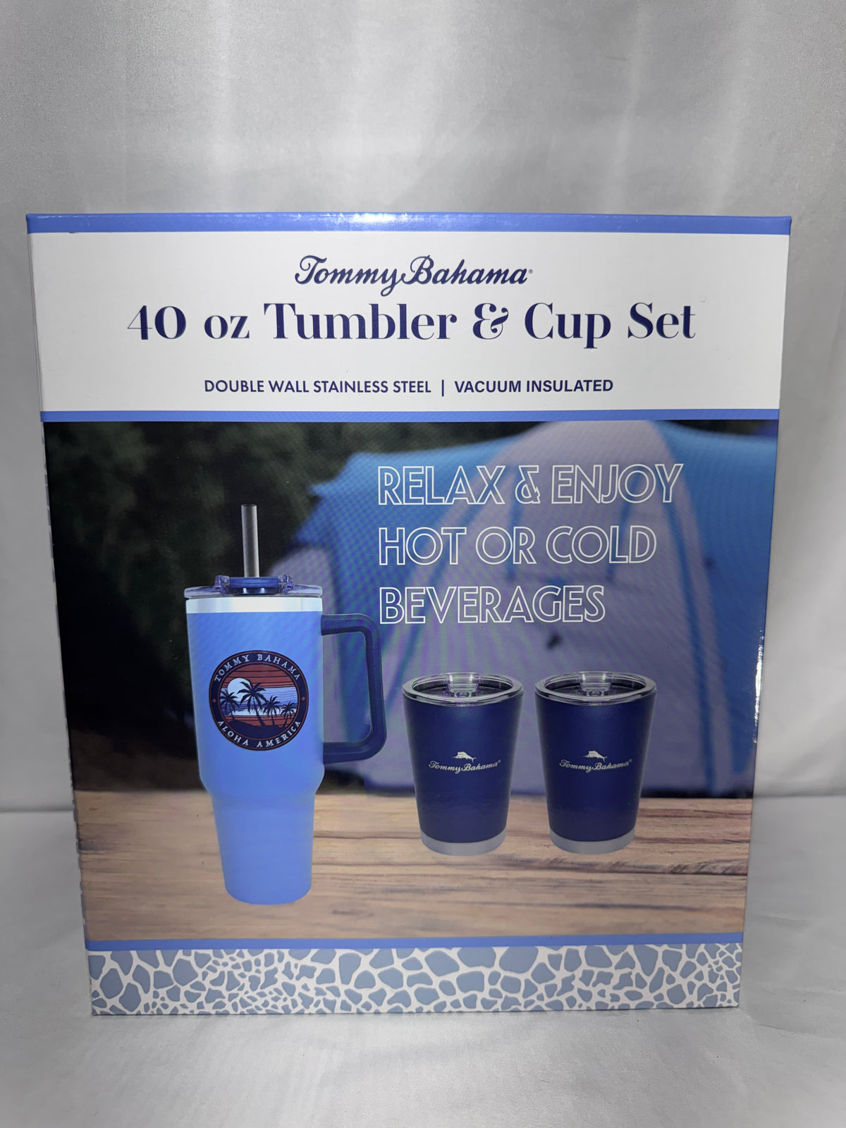 Tommy Bahama 3-Piece Stainless Steel Insulated Tumbler & Cup Set – 40 oz Tumbler & Two 12 oz Cups – NOS