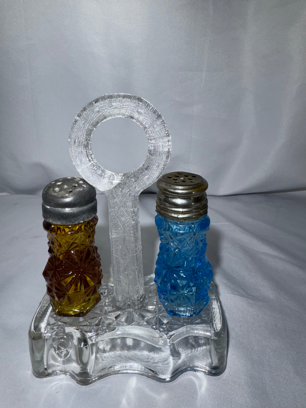 Antique EAPG Daisy & Button Slender Salt & Pepper Shaker Set w/ Glass Caddy – Circa 1884