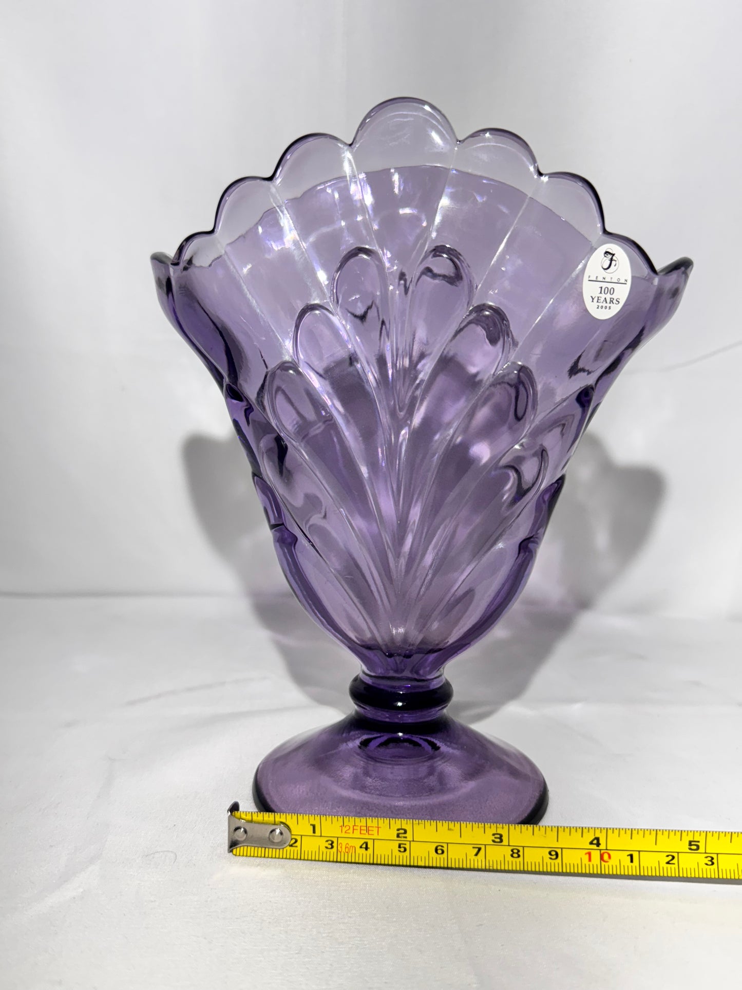 Fenton Purple Amethyst Fan Vase – 100 Years Anniversary 2005 – Original Sticker – 8” Tall