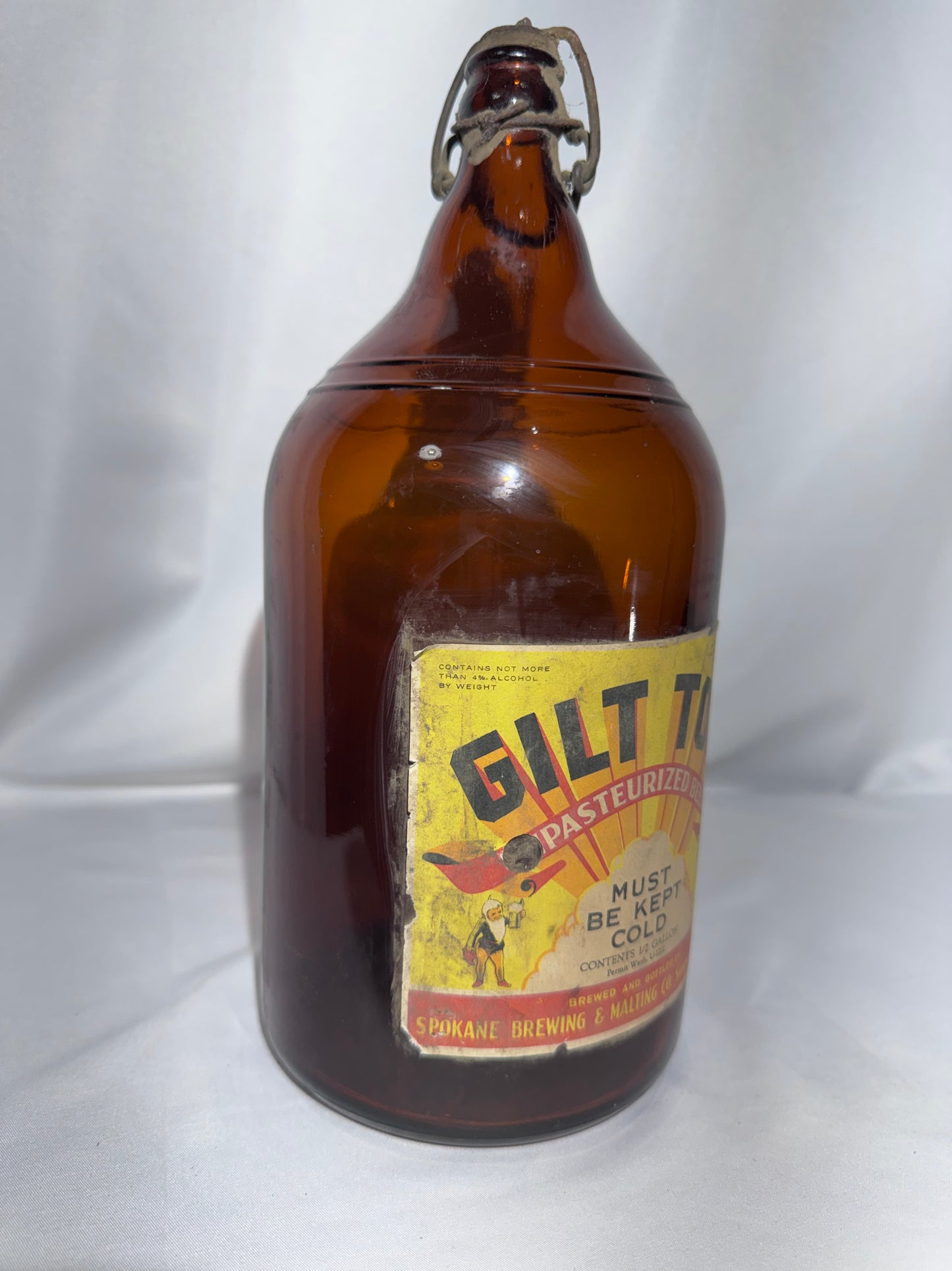 Vintage 1930s Gilt Top Pasteurized Beer 1/2 Gallon Amber Jug – Spokane Brewing & Malting Co. – Spokane WA