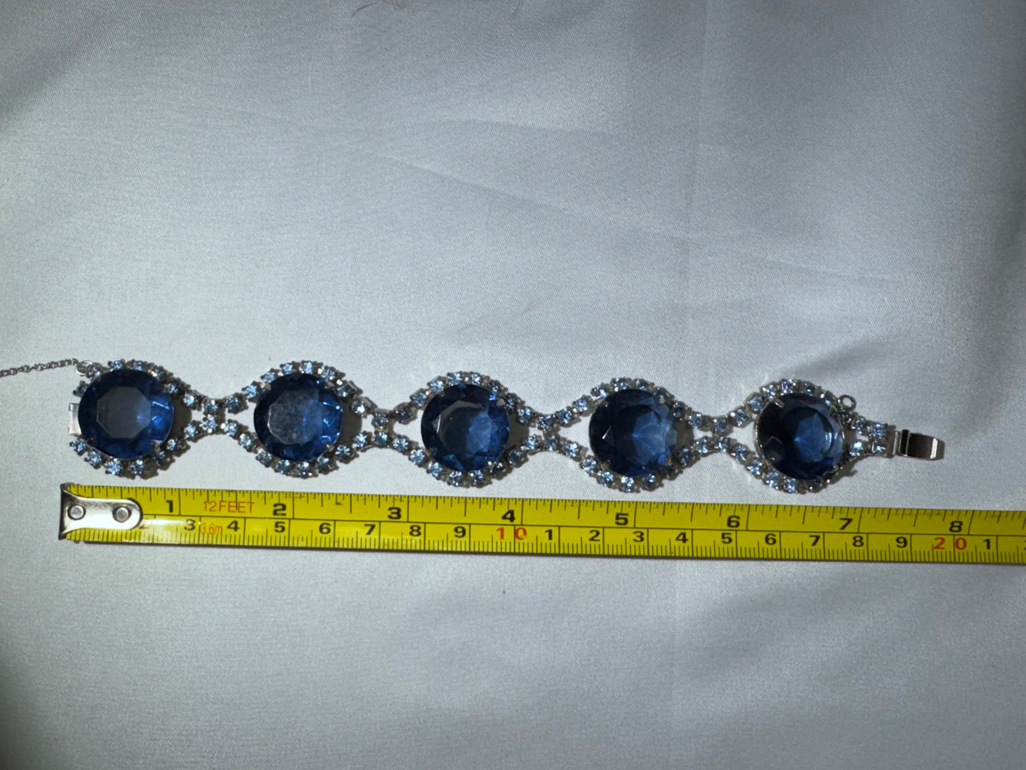 Vintage 1950s-60s Blue Rhinestone Link Bracelet Silver Tone Sapphire Glass