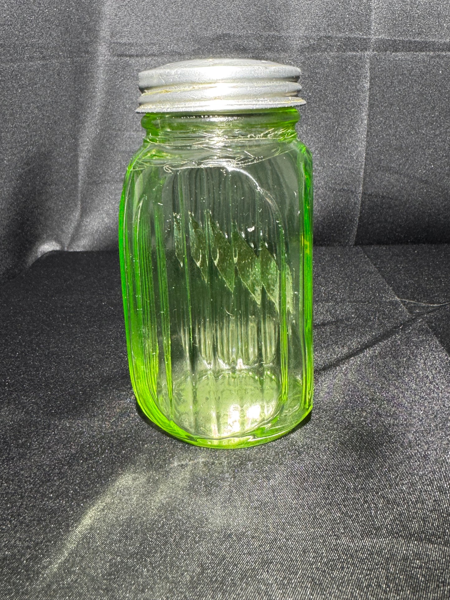 Vintage Anchor Hocking Uranium Glass SUGAR Shaker Ribbed Hoosier Jar w/ Metal Lid