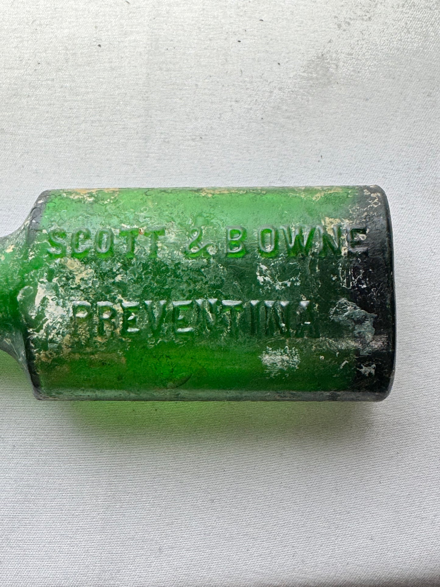 Antique SCOTT & BOWNE “PREVALTINA” Green Glass Bottle – 19th Century Medicine Bottle