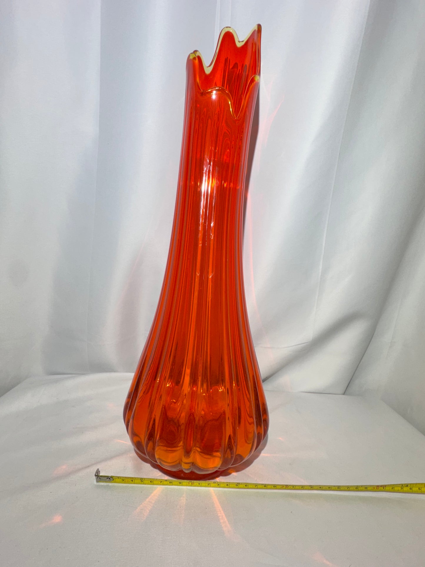Vintage L.E. Smith Flame Red Swung Glass Vase – 21” Mid-Century Modern Art Glass