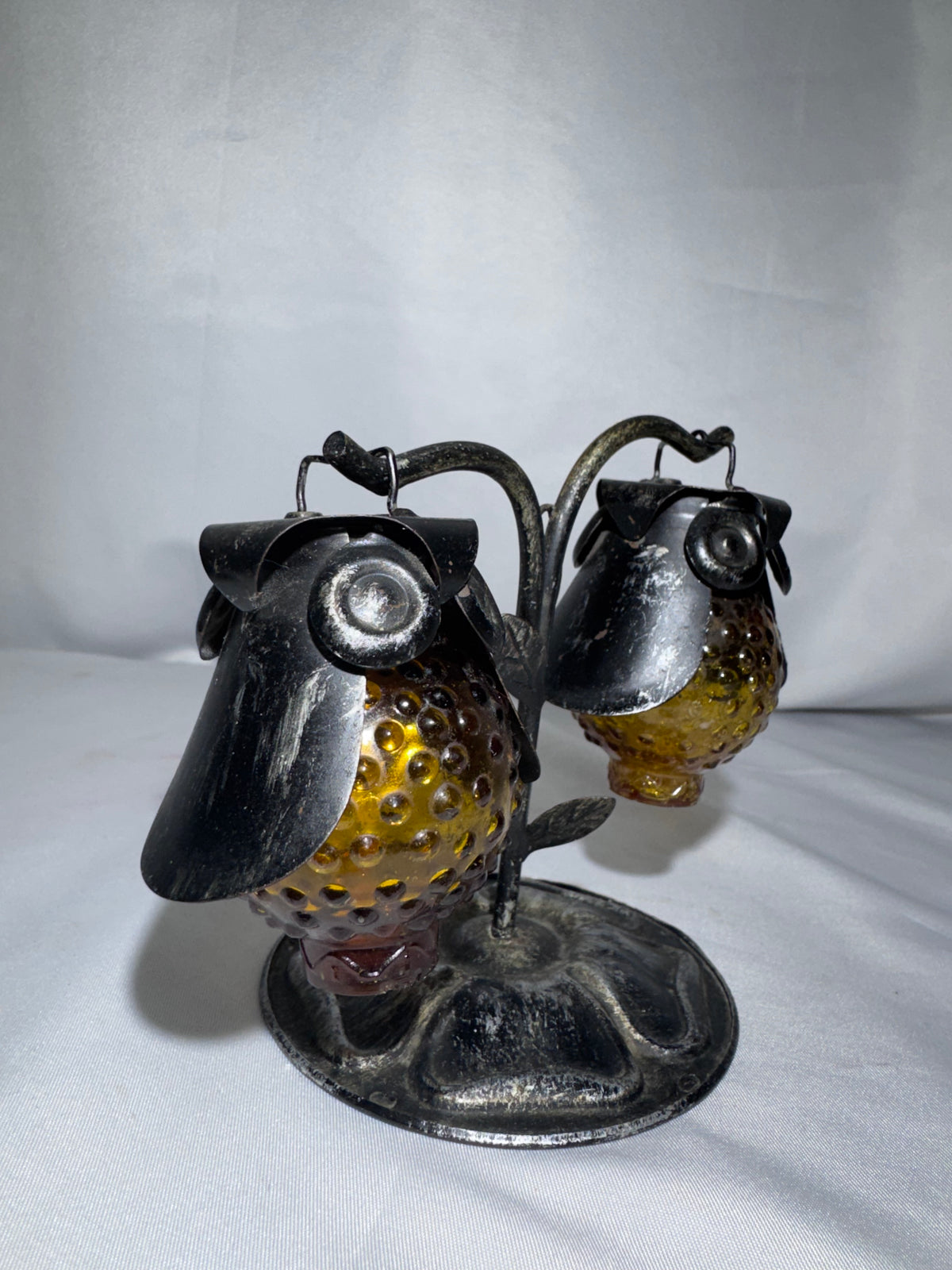 Vintage 1970s Amber Hobnail Glass Owl Salt & Pepper Shakers w/ Metal Tree Stand