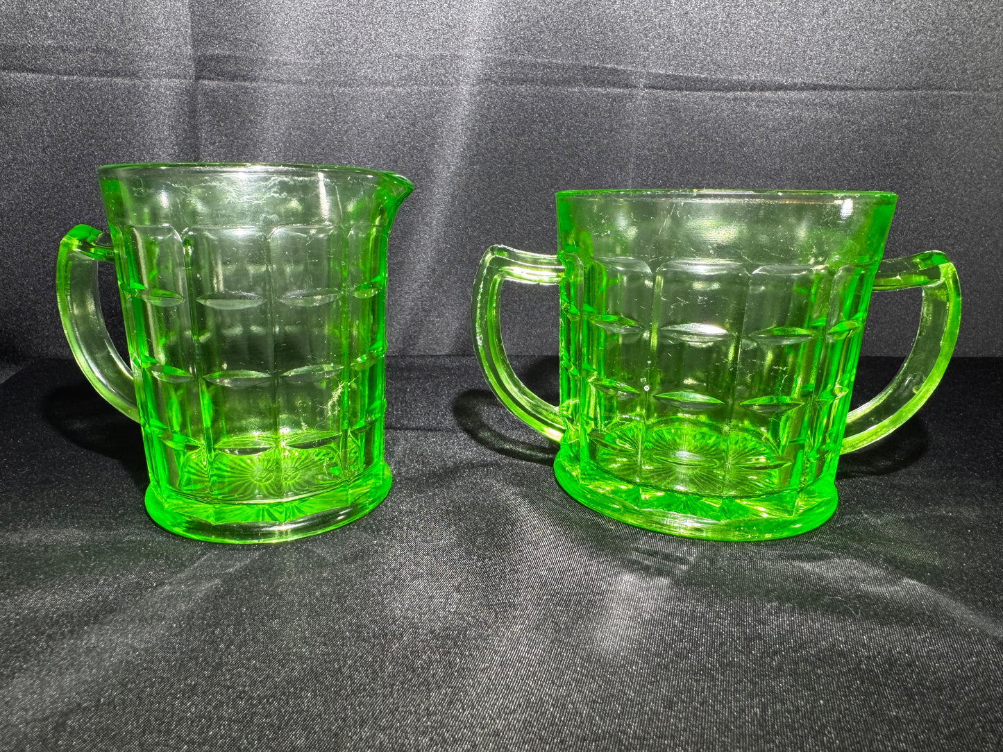 Vintage Hazel Atlas Colonial Block Green Uranium Depression Glass Creamer & Sugar Set