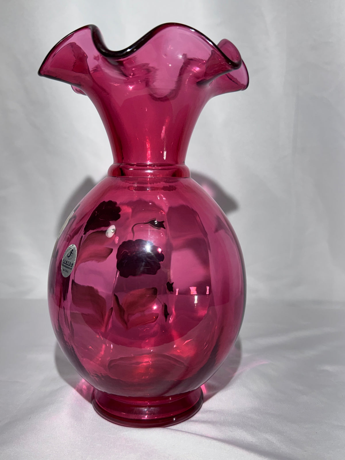 Vintage Fenton Cranberry Art Glass Vase – Hand-Painted Pansy Floral – P. Lane – 9” -1990's