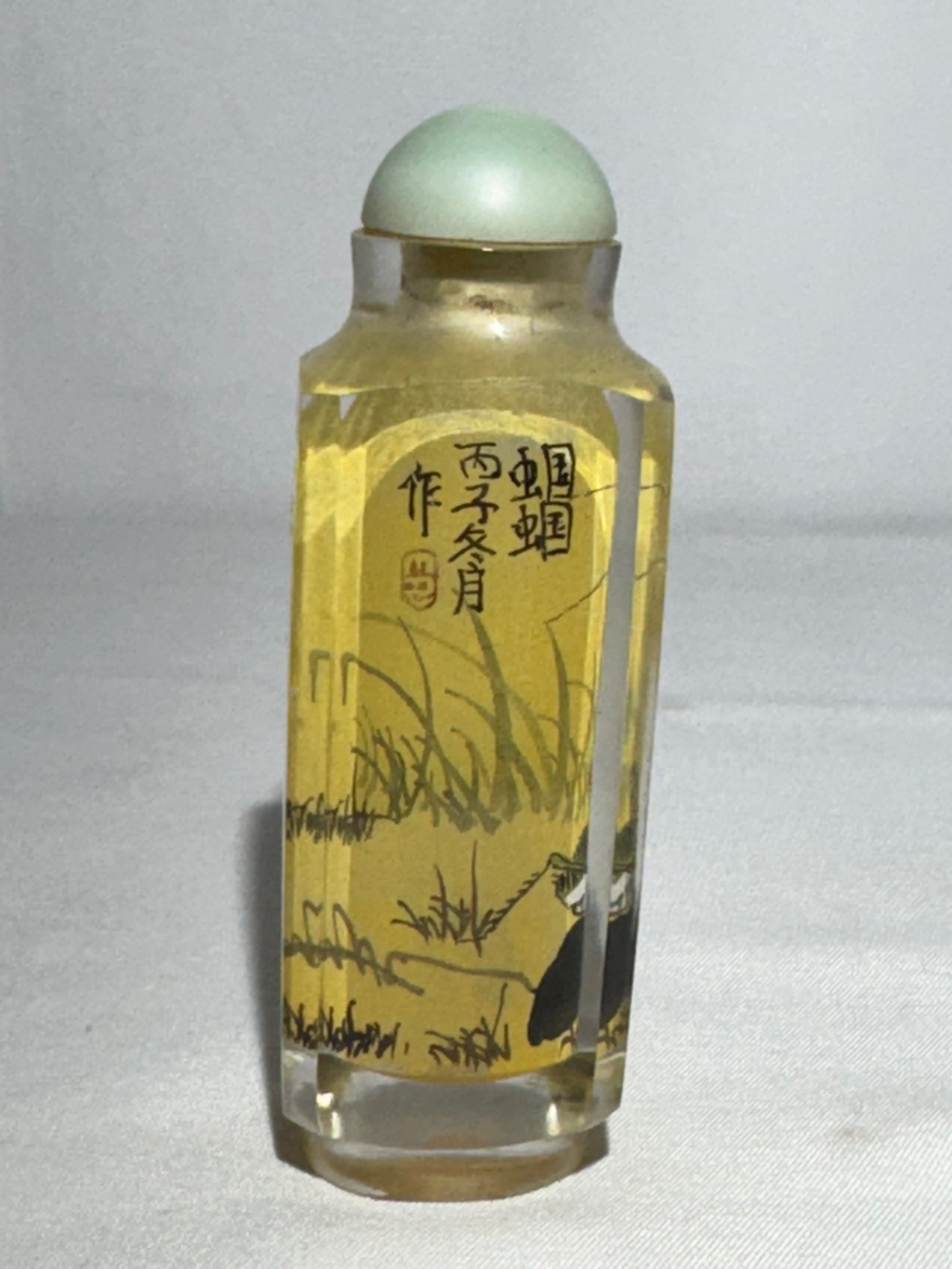 Antique Chinese Inside Hand Painted Glass Snuff Bottle – Crickets, Calligraphy & Artist Signature – Stone Topper