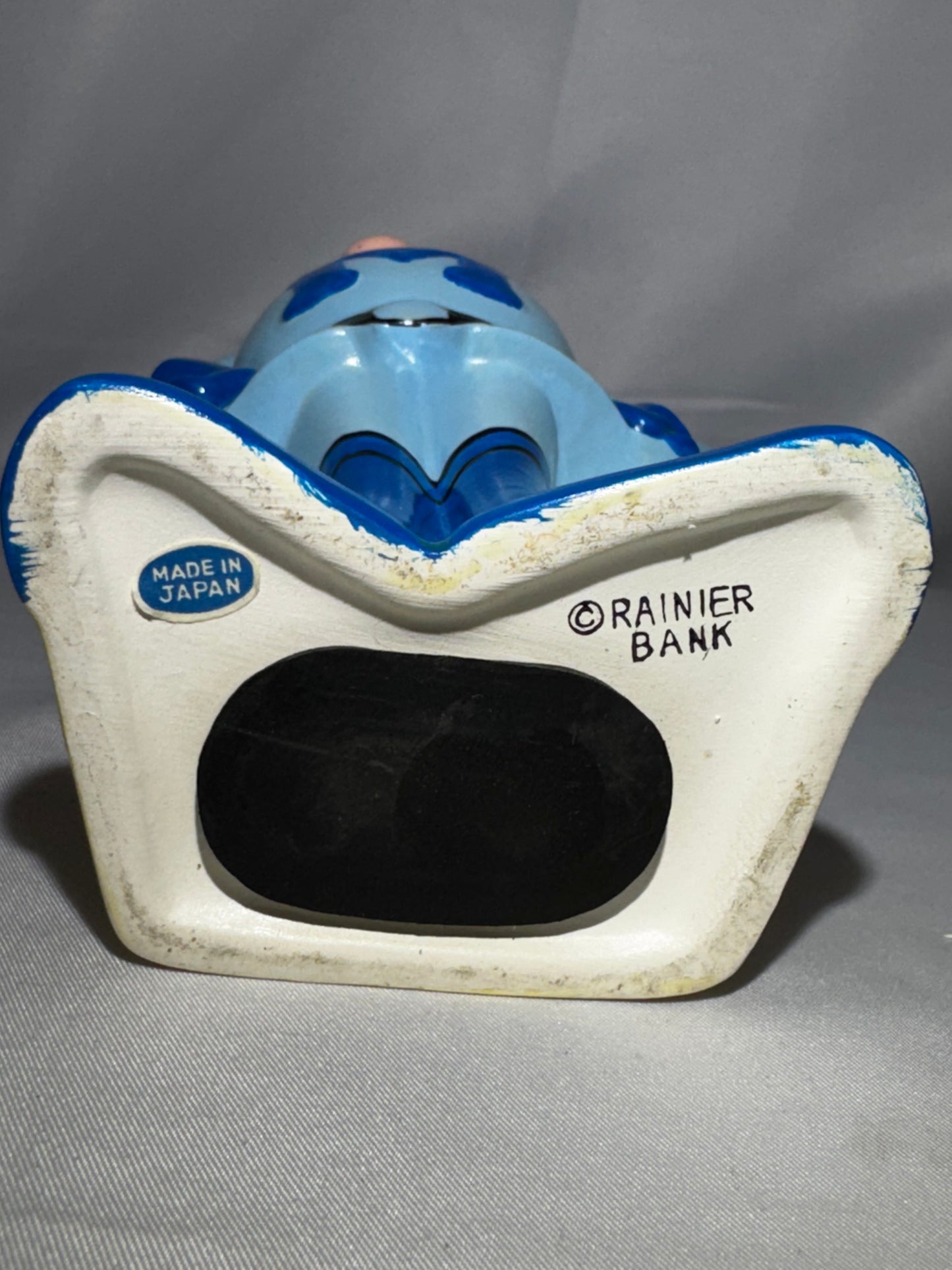 Vintage Rainier Bank M-Man Superhero Ceramic Coin Bank Japan 1960s 6” w/ Stopper