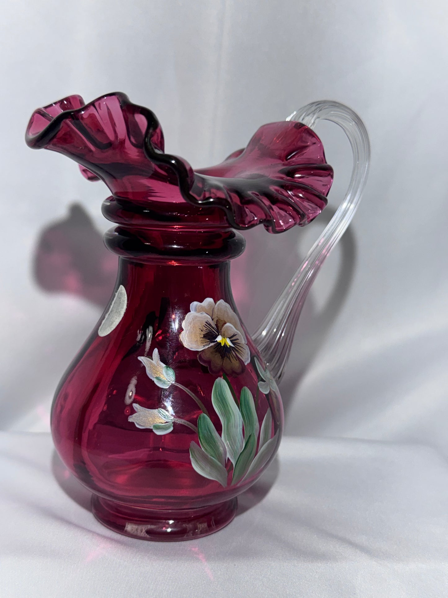 Vintage Fenton Cranberry Glass Pitcher – Hand-Painted Pansies – Signed