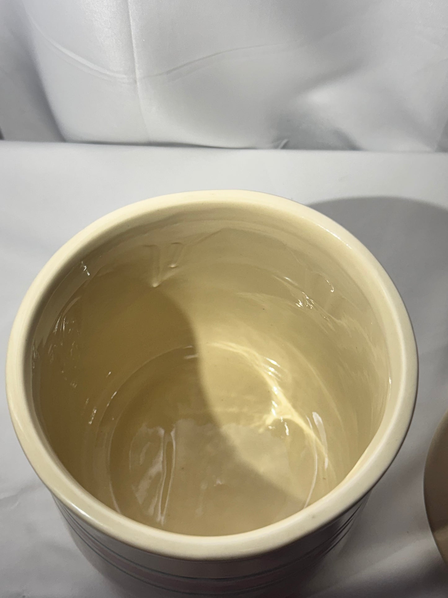 Vintage McCoy Pottery Canister / Cookie Jar – Cream with Pink & Blue Stripes – USA