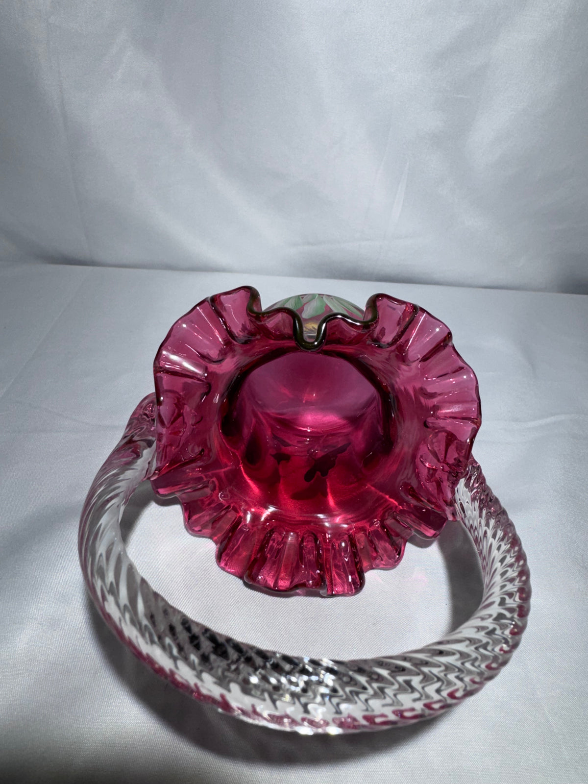 Vintage Fenton Cranberry Art Glass Basket – Hand-Painted Pansies – Ruffled Rim -signed P.Lane