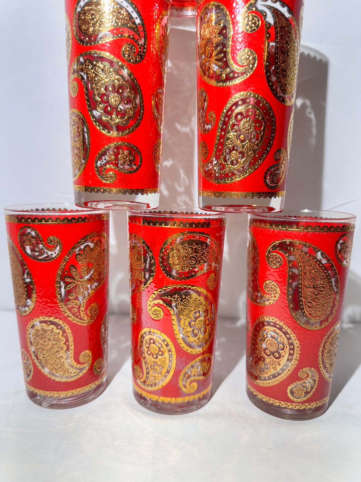 Set of 6 Vintage Culver LTD 22K Gold Red Paisley Highball Glasses – 5½” Tall